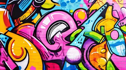 Fototapeta premium Colorful urban graffiti wall mural showing abstract designs creating modern street art