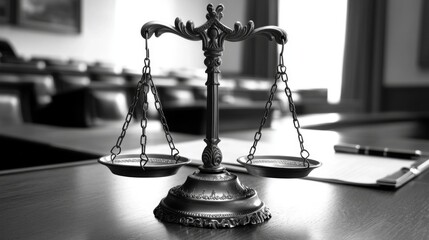 A close-up of the scales of justice with a legal brief and pen on a desk, emphasizing the meticulous nature of legal proceedings and the pursuit of impartiality.