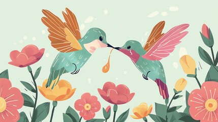 Fototapeta premium Create a illustration of a Hummingbirds sipping nectar from flowersin a kawaii style, simplified to feature fewer elements for a cleaner look, Use a color palette that is appealing to children,