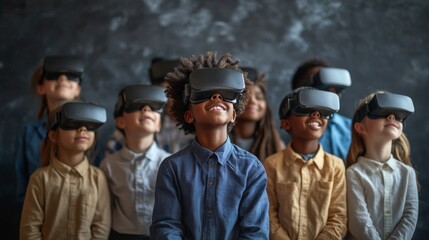 A group of children wearing virtual reality goggles are smiling