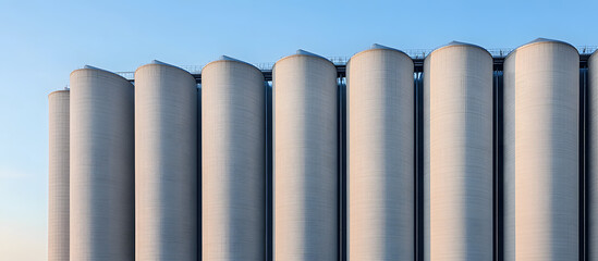 Large industrial silos standing in a rural setting with clear blue skies