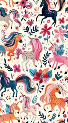 A playful design showcases various horses among blooming flowers, perfect for children's spaces