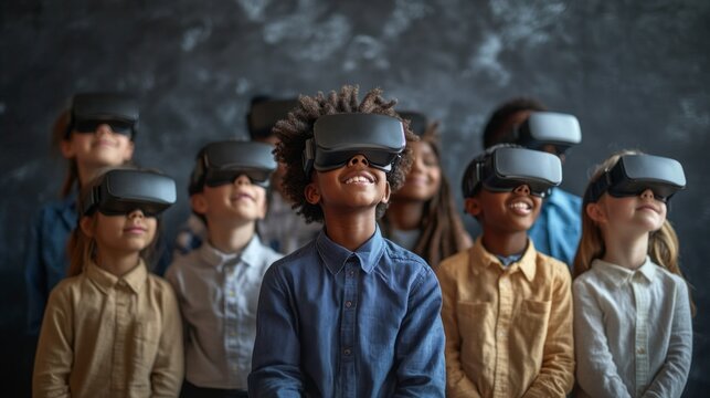 A group of children wearing virtual reality goggles are smiling