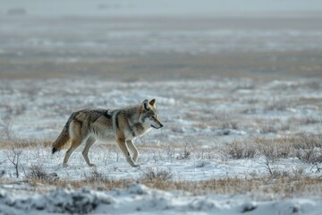 Naklejka premium Gray wolf surveys the icy tundra, its fur thick and protective against the harsh cold. The stark landscape highlights the wolf’s strength and adaptability in the wild.
