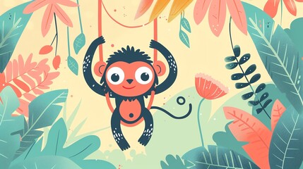 Create a illustration of a Swinging spider monkeysin a kawaii style, simplified to feature fewer elements for a cleaner look, Use a color palette that is appealing to children, with bright and