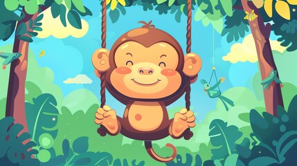 Create a illustration of a Swinging spider monkeysin a kawaii style, simplified to feature fewer elements for a cleaner look, Use a color palette that is appealing to children, with bright and
