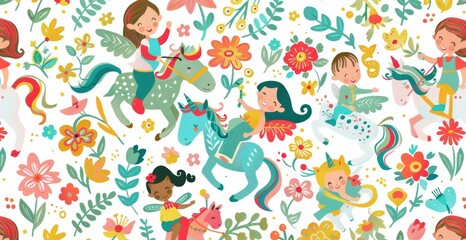 Fototapeta premium Kids are riding playful fantasy horses surrounded by blooming flowers and joyful elements in a lively outdoor atmosphere