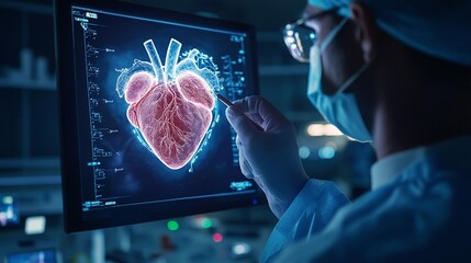 A cardiologist leverages advanced technology, such as AI-enhanced displays and augmented reality, to assist in medical procedures and optimize patient care.
