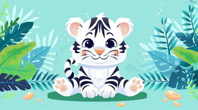 Create a illustration of a Rare white Bengal tigerin a kawaii style, simplified to feature fewer elements for a cleaner look, Use a color palette that is appealing to children, with bright and