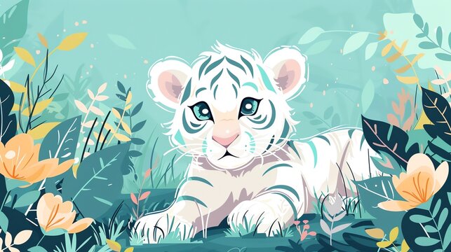 Create a illustration of a Rare white Bengal tigerin a kawaii style, simplified to feature fewer elements for a cleaner look, Use a color palette that is appealing to children, with bright and