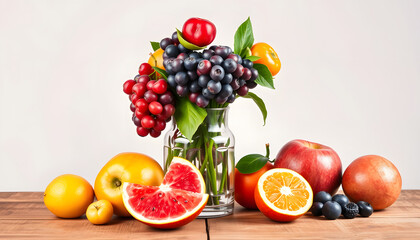 Glass vase with different fresh fruits on wooden table isolated with white highlights, png