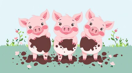 Obraz premium Create a illustration of a Playful piglets rolling in mudin a kawaii style, simplified to feature fewer elements for a cleaner look, Use a color palette that is appealing to children, with brig