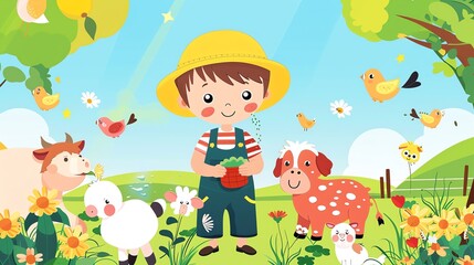 Obraz premium Create a illustration of a Farmer feeding the animalsin a kawaii style, simplified to feature fewer elements for a cleaner look, Use a color palette that is appealing to children, with bright a