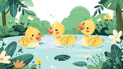 Obraz premium Create a illustration of a Ducklings swimming in a pondin a kawaii style, simplified to feature fewer elements for a cleaner look, Use a color palette that is appealing to children, with bright