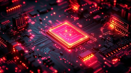 Obraz premium A close-up view of a glowing computer chip on a circuit board, emphasizing technology.