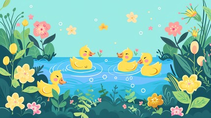 Fototapeta premium Create a illustration of a Ducklings swimming in a pondin a kawaii style, simplified to feature fewer elements for a cleaner look, Use a color palette that is appealing to children, with bright