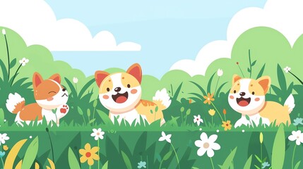 Naklejka premium Create a illustration of a Puppies frolicking in the grassin a kawaii style, simplified to feature fewer elements for a cleaner look, Use a color palette that is appealing to children, with bri