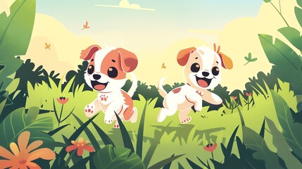 Create a illustration of a Puppies frolicking in the grassin a kawaii style, simplified to feature fewer elements for a cleaner look, Use a color palette that is appealing to children, with bri