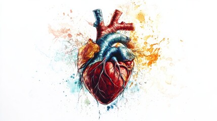 Human heart illustration showing veins and arteries on artistic background