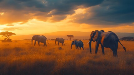 17. **Wildlife safari scene with elephants roaming in the African savannah