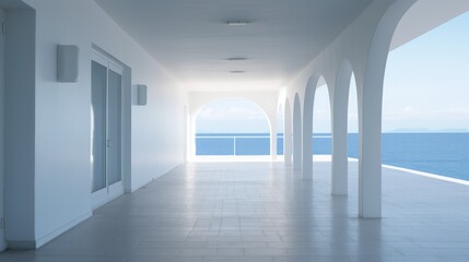 White architecture on summer seascape. View of the sea and the blue sky with white cloud. Neural network ai generated art