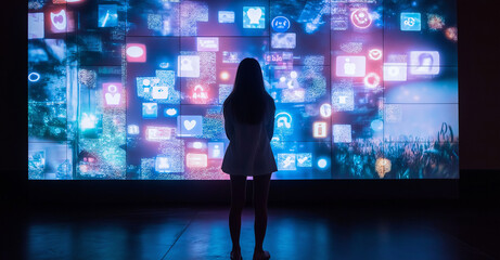Backview Of Caucasian Woman Connecting To Animated Stream of Content. Browsing Multimedia all-in-one Entertainment, Messaging, TV, Videos, Emoji, Sharing, Video Game Playing, Fintech, Online Shopping.