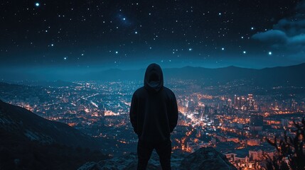 Obraz premium A man, wearing a hooded sweatshirt, stands on a mountain, observed from behind, with a view of the night city with a telescope and stars scattered in the sky