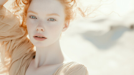 Beautiful Albino Woman with Light Blue Eyes in Beige Silk Dress Posing on Beach with Soft, Clean Background and Pastel Tones