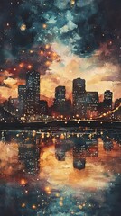 Obraz premium Cityscape reflecting on water under starry sky