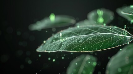 Illuminated 3D Model of Photosynthesis Process in Leaf - Conversion of Light to Chemical Energy with Glowing Cells on Black Background