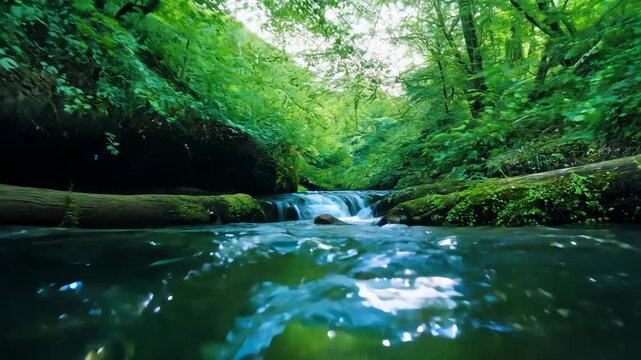 Tranquil river flows through lush green forest during the summer, pov view of the stream