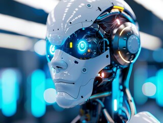 Fototapeta premium Close-up of a humanoid robot's face with glowing blue eyes, highlighting the advancement of artificial intelligence.