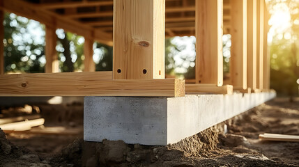 Wooden house construction on cement foundation Ground floor start Suburban eco cottage with lumber beams Close up view
