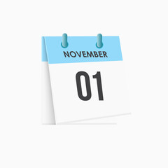 November 1 - calendar and Time planner. Daily Calendar Icon reminder. Vector Illustration.