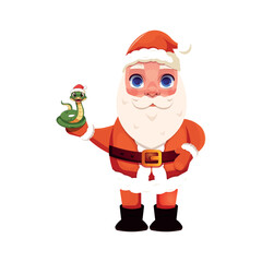 Cute cartoon Santa Claus is holding green snake symbol of 2025 year. Vector Santa Claus with snake on white isolated background. Christmas vector illustration	