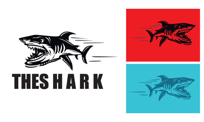 big wild ugly shark logo, silhouette of strong sea predator swimming vector illustrations