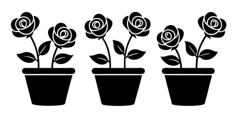 Set of rose flower plant in a pot icons silhouette vector art style illustration

