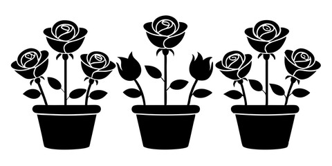 Set of rose flower plant in a pot icons silhouette vector art style illustration
