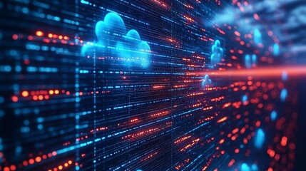 Obraz premium A digital representation of cloud computing with data streams and abstract clouds.