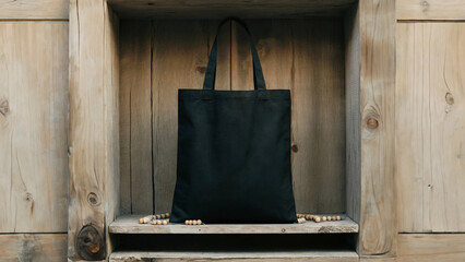 A black tote bag displayed in a rustic wooden shelf, blending modern minimalism with natural, earthy aesthetics in a simple and stylish setting.