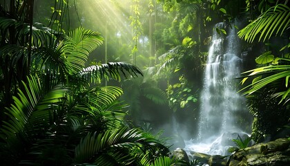 Naklejka premium Waterfall in the garden with sun light and green leaves background