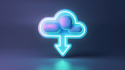 Obraz premium 3D neon cloud download icon on a dark background emphasizing modern digital and cloud technology concepts.