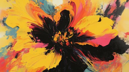 Abstract flower painting with bright yellow, orange, pink and turquoise brushstrokes