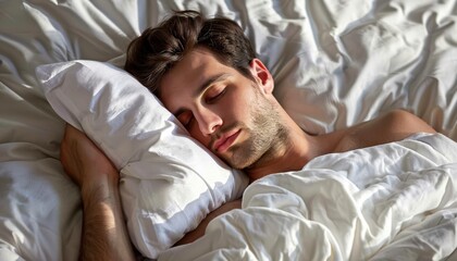 Young man sleeping peacefully in bed with soft white bedding during daytime