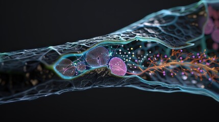 Illuminated 3D Cross-Section of Plant Leaf with Stomata and Guard Cells on Black Background
