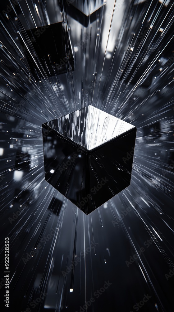 Wall mural Black cube floating through space with light trails