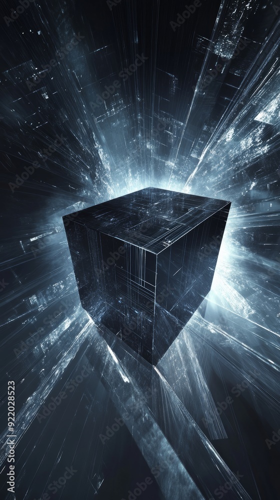 Wall mural Abstract cube floating in cyberspace emitting light beams