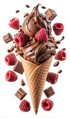 Raspberry and Chocolate Flavour Ice Cream Cone with Swirls and Whipped Delights with Toppings: A Cold and Creamy Frozen Dessert in a Crispy Wafer
