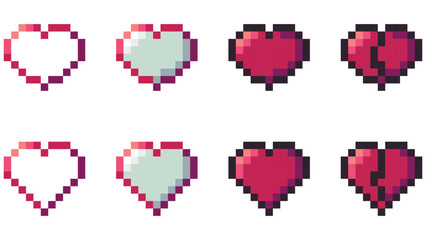 Fototapeta premium pixel heart set icon. red heart pixel logo. 8 bit health heart sign. retro love symbol. flat style. pixel art heart shapes.