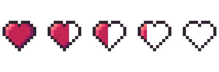 pixel art heart set animation sheet. health bar pixel art vector. isolated game life bar set.